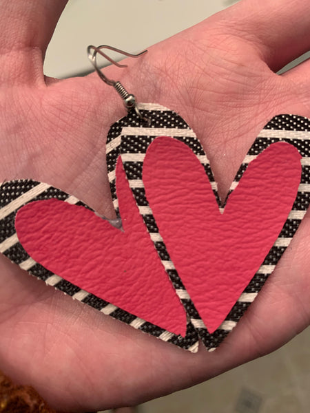 Double Heart Pink and Black and White Stripes Vegan Leather