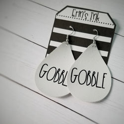Gobble White and Black Vegan Leather Teardrop Earrings Erin's Ink