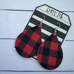 Red and Black Buffalo Plaid Vegan Leather Teardrop Earrings Erin's Ink