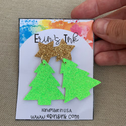Glitter Christmas Tree Stud Vegan Leather Earrings Erin's Ink