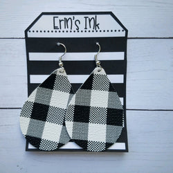 White and Black Buffalo Plaid Vegan Leather Teardrop Earrings Erin's Ink