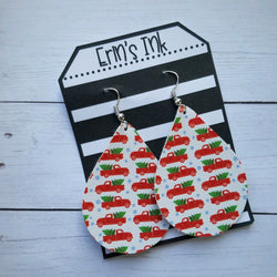 Red Christmas Truck and Christmas Tree Vegan Leather Teardrop Earrings Erin's Ink