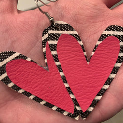 Double Heart Pink and Black and White Stripes Vegan Leather Earrings Erin's Ink
