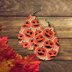 Emoji Pumpkin Faces Vegan Leather Teardrop Earrings Erin's Ink