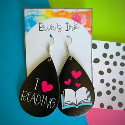 I Love Reading Vegan Leather Teardrop Earrings Erin's Ink