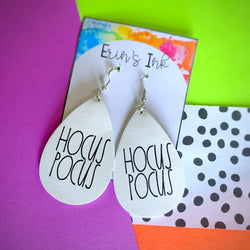 Hocus Pocus White and Black Vegan Leather Teardrop Earrings Erin's Ink