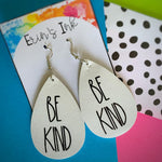 Be Kind Black and White Vegan Leather Teardrop Earrings Erin's Ink