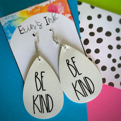 Be Kind Black and White Vegan Leather Teardrop Earrings Erin's Ink