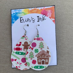 Gingerbread Christmas Baking Vegan Leather Teardrop Earrings Erin's Ink