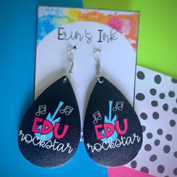 EDU-Rockstar Black and White and Pink Vegan Leather Teardrop Earrings Erin's Ink