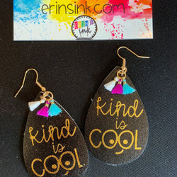 Kind is Cool Gold Foil Tassel Vegan Leather Teardrop Earrings Erin's Ink