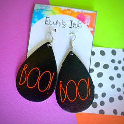 Boo! Orange and Black Vegan Leather Teardrop Halloween Earrings Erin's Ink