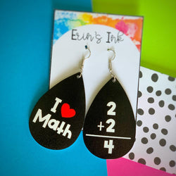 I Love Math Vegan Leather Teardrop Earrings Erin's Ink