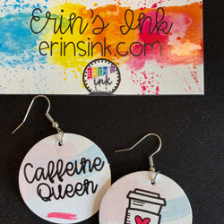 Caffeine Queen and Coffee Colorful Vegan Leather Earrings Erin's Ink