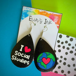 I Love Social Studies Vegan Leather Teardrop Earrings Erin's Ink