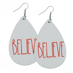 Believe Red and White Holiday Christmas Vegan Leather Teardrop Earrings Erin's Ink