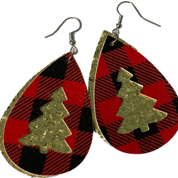 Gold Glitter Tree Cut Out Red and Black Buffalo Plaid Vegan Leather Teardrop Earrings Erin's Ink