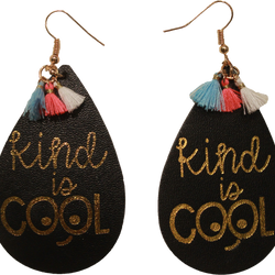 Kind is Cool Gold Foil Tassel Vegan Leather Teardrop Earrings Erin's Ink